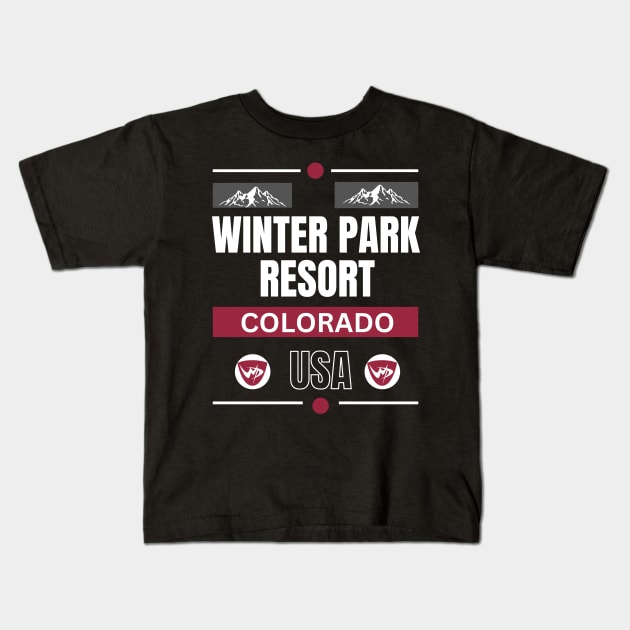 Winter Park Resort, Colorado. White text. Gift Ideas For The Ski Enthusiast. Kids T-Shirt by Papilio Art